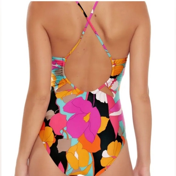 Trina Turk Gemini Plunge Maillot One Piece Swimsuit Vibrant Colorful SZ 14 - Picture 2 of 7